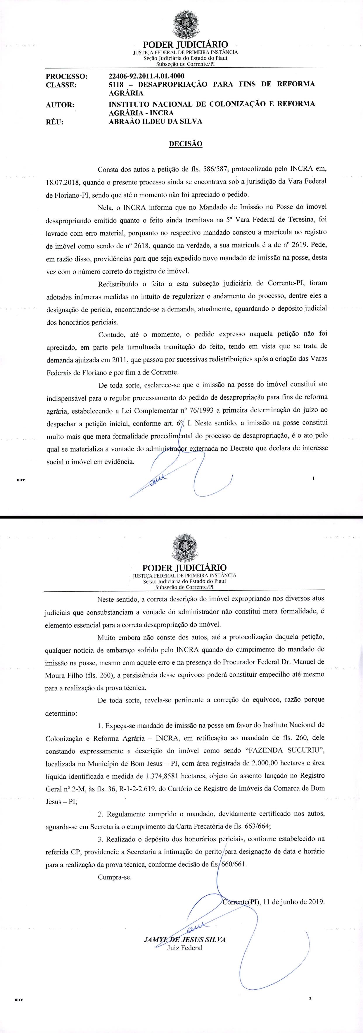 Justiça Federal determina a correção da posse do Assentamento Rio Preto em Bom Jesus-PI