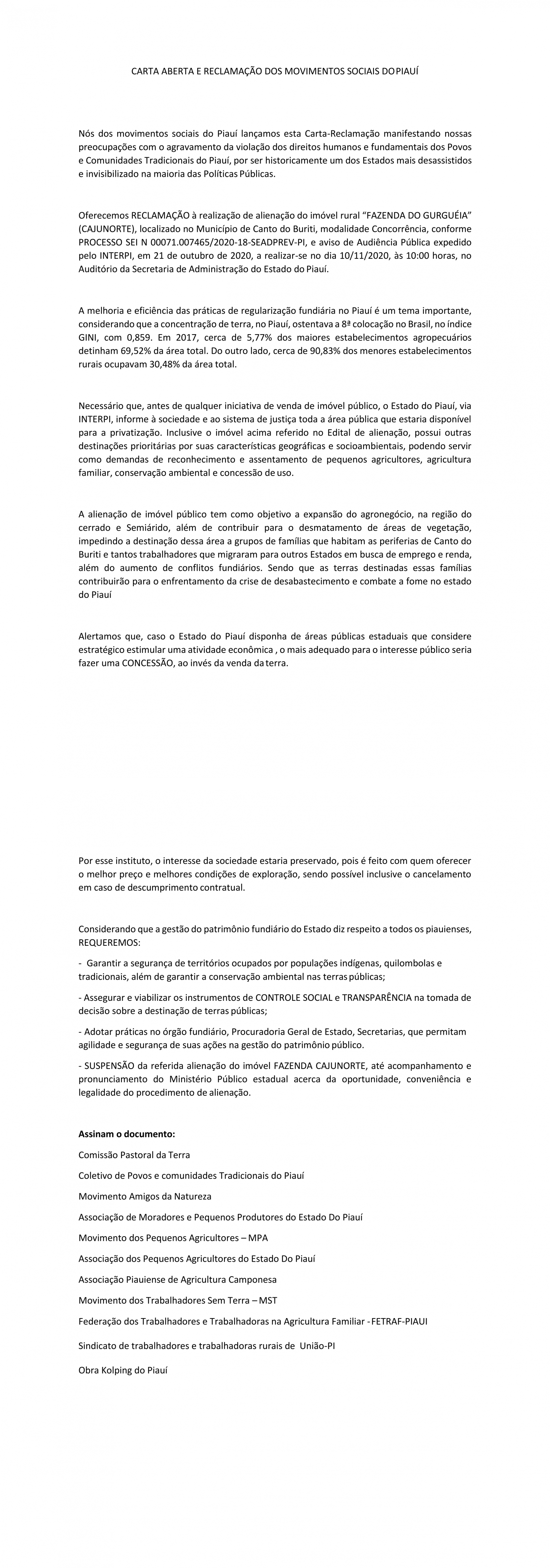 CARTA ABERTA E RECLAMAÇÃO DOS MOVIMENTOS SOCIAIS DO PIAUÍ